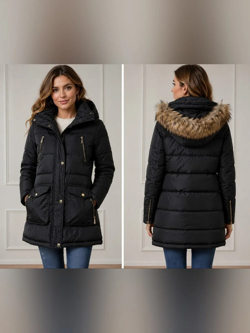Michael Kors Black Quilted Puffer Coat with Faux Fur Hood Trim No Belt